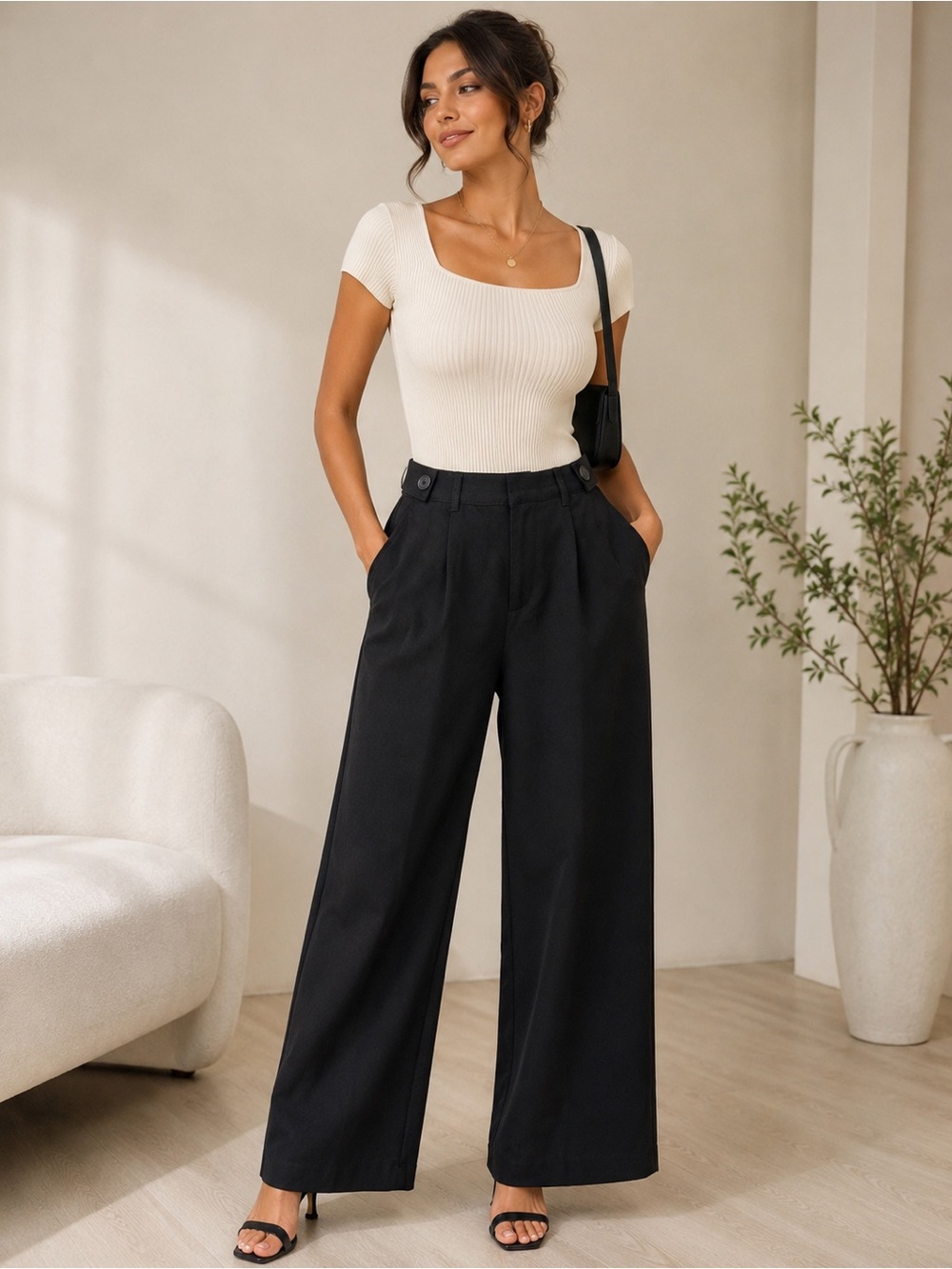 Pull&Bear Black Wide-Leg High-Waist Trousers